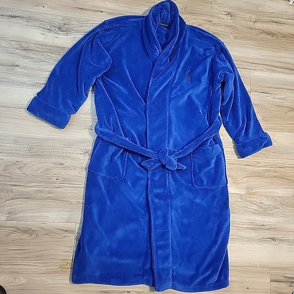 RALPH LAUREN Big Polo Pony‎ Plush Velour Bath Robe Blue One Size
